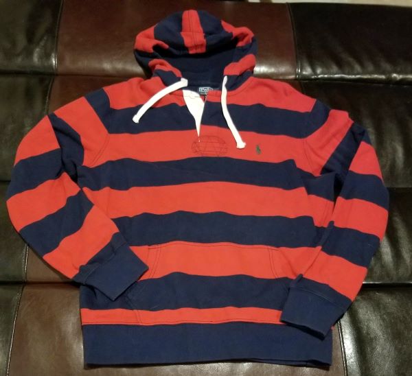 POLO HOODIE VINTAGE RED / NAVY STRIPED  Men's LARGE L